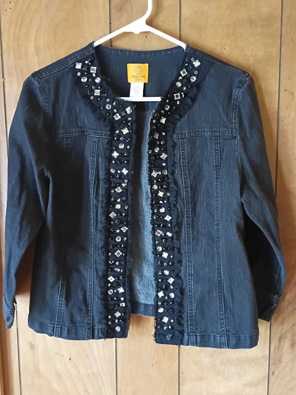 Ruby Rd Petite Embellished Denim Jacket Womens Size 10P Open Front Dark Wash